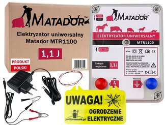 Elektryzator uniwersalny Matador MTR1100 na bydło mleczne, konie, owce i kozy 1,1 Jula + zasilacz sieciowy + tabliczka ostrzegawcza