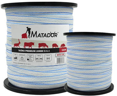 Mocna taśma do ogrodzeń elektrycznych dla koni Matador Premium MTR110R  biała 20mm x 500m 